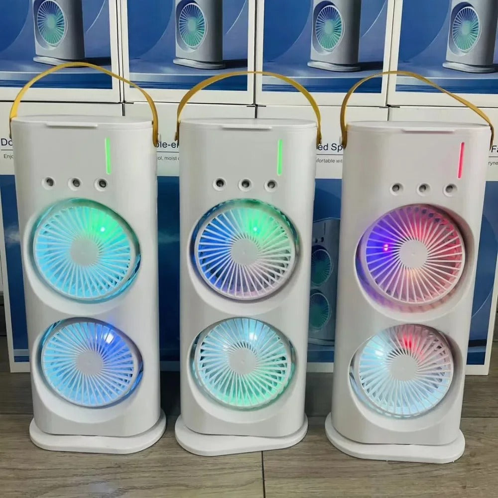 Dual Head Spray Tower Fan with Remote Control, Humidifier, Rechargeable Desk Fan with 3 Wind Speeds for Home, Office, Travel, and Camping