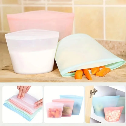 Reusable silicone food storage bags, leak-proof stand-up pouches