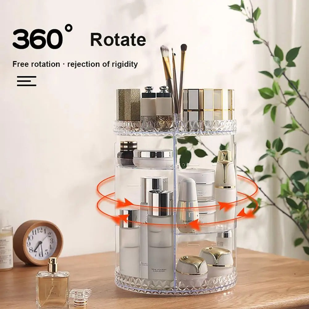 Cosmetic organizer storage box with 70% space-saving makeup organizer with large capacity and 360° rotating vanity design