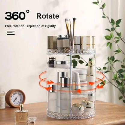 Cosmetic organizer storage box with 70% space-saving makeup organizer with large capacity and 360° rotating vanity design