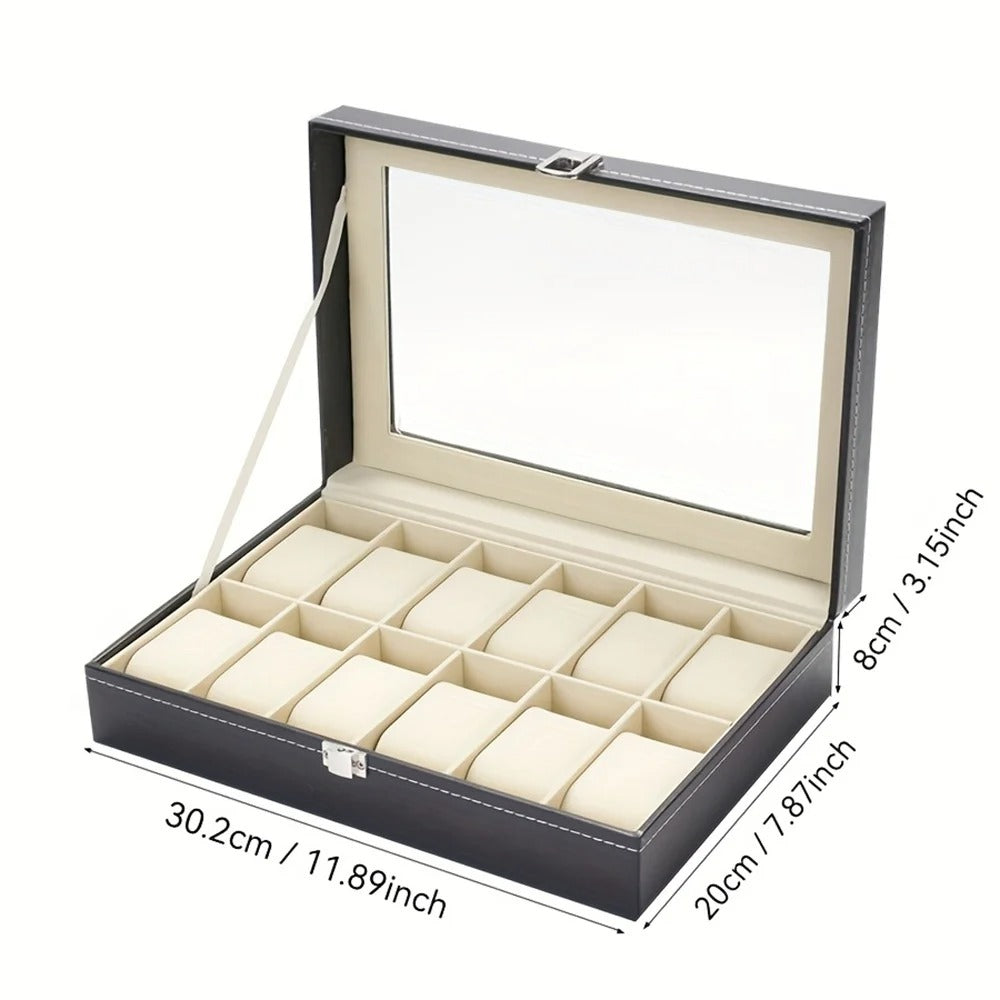 12-SLOT LEATHER WATCH STORAGE ORGANIZER BOX WITH DISPLAY LID