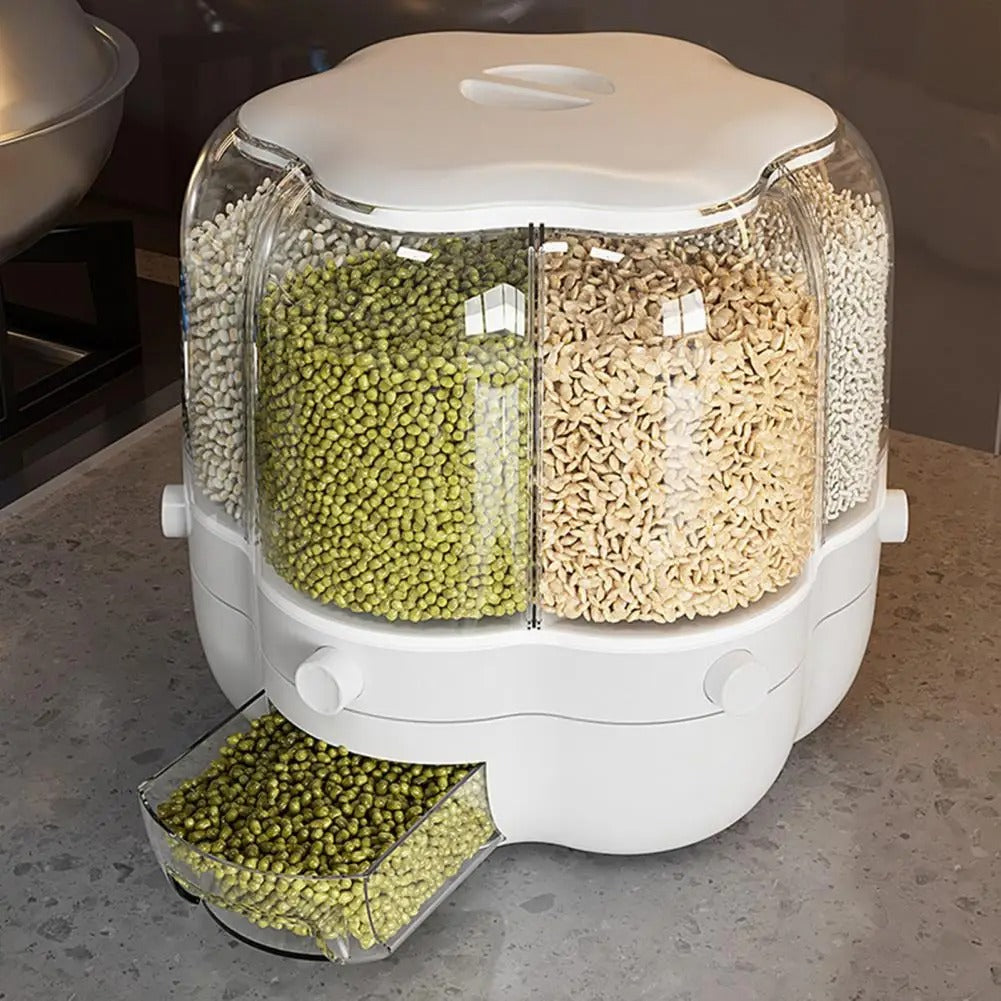 Rotating Grain Storage Bin Large Capacity 6 Grids Moisture-Proof Transparent Rice Divider Bean Grain Dispenser Bucket