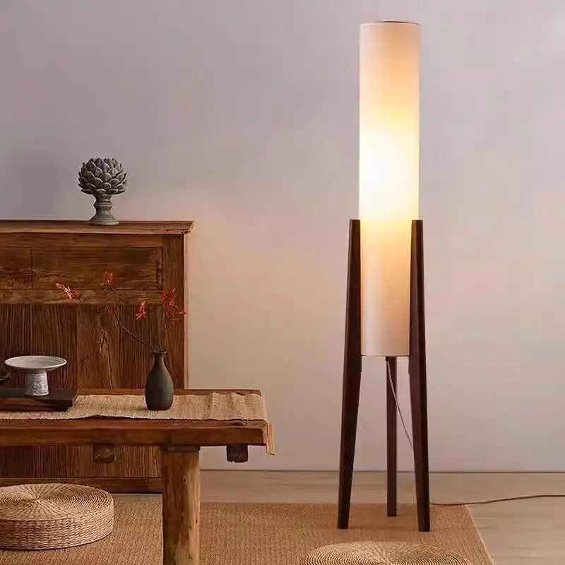 Japanese Wabi-Sabi floor lamp made of solid black walnut wood, Zen atmosphere