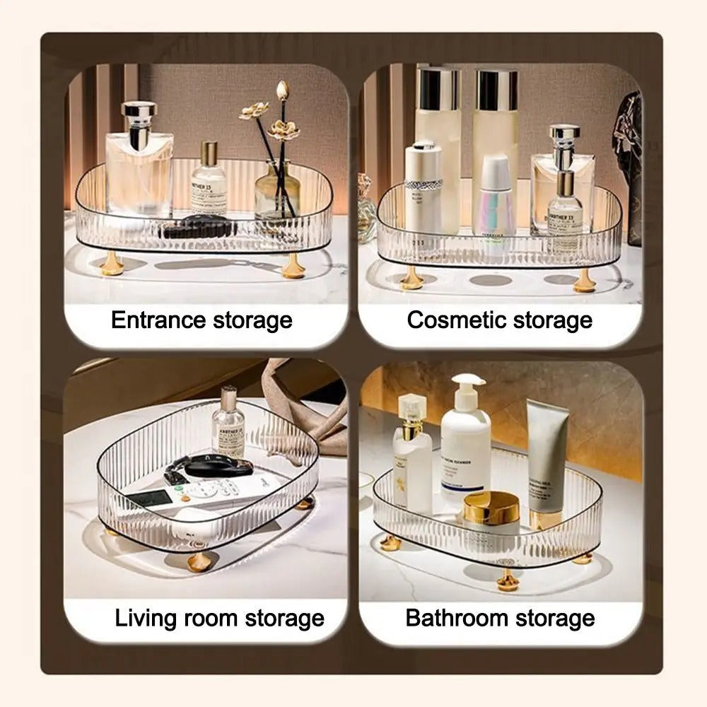 Large Capacity Makeup Perfume Organizer Anti-Slip with Gold Stand Bathroom Vanity Tray Transparent Cosmetics Desktop Storage Box