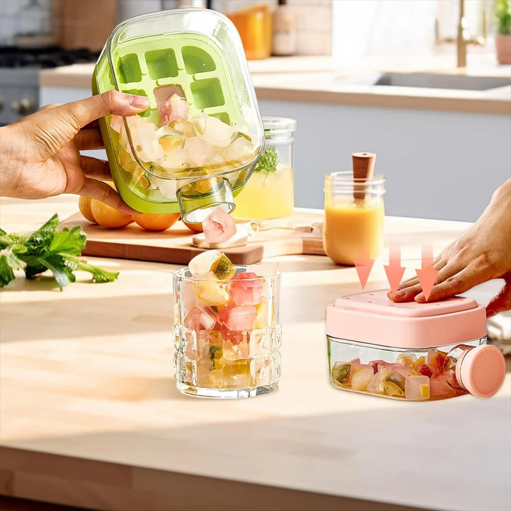 Ice cube bottle with straw, 2-in-1 touchless push-type ice cube bottle, easy-to-detach water bottle ice mold