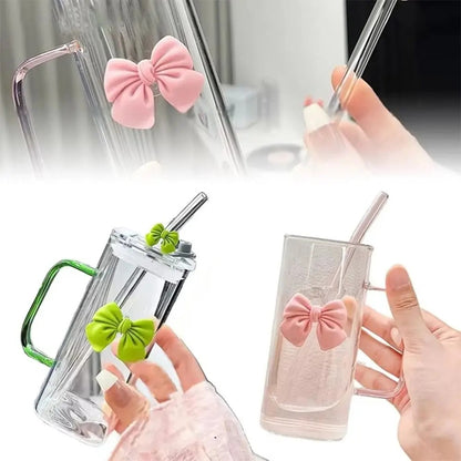 Korean-style glass mug with bow and straw lid, suitable for coffee cups