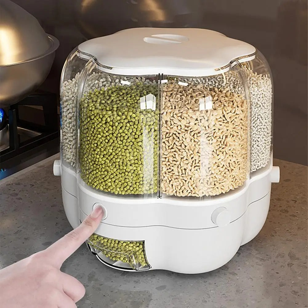 Rotating Grain Storage Bin Large Capacity 6 Grids Moisture-Proof Transparent Rice Divider Bean Grain Dispenser Bucket