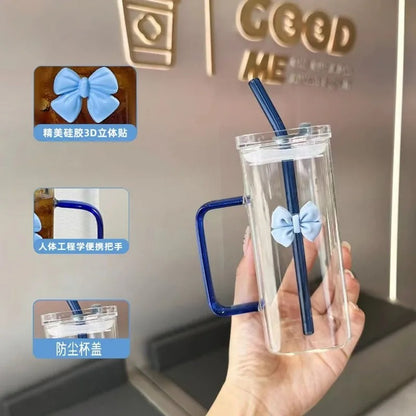 Korean-style glass mug with bow and straw lid, suitable for coffee cups