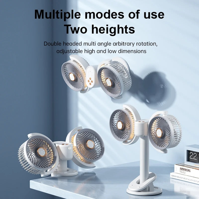 Dual head, independent control, multi-angle fan, vertical/clip-on, height adjustable