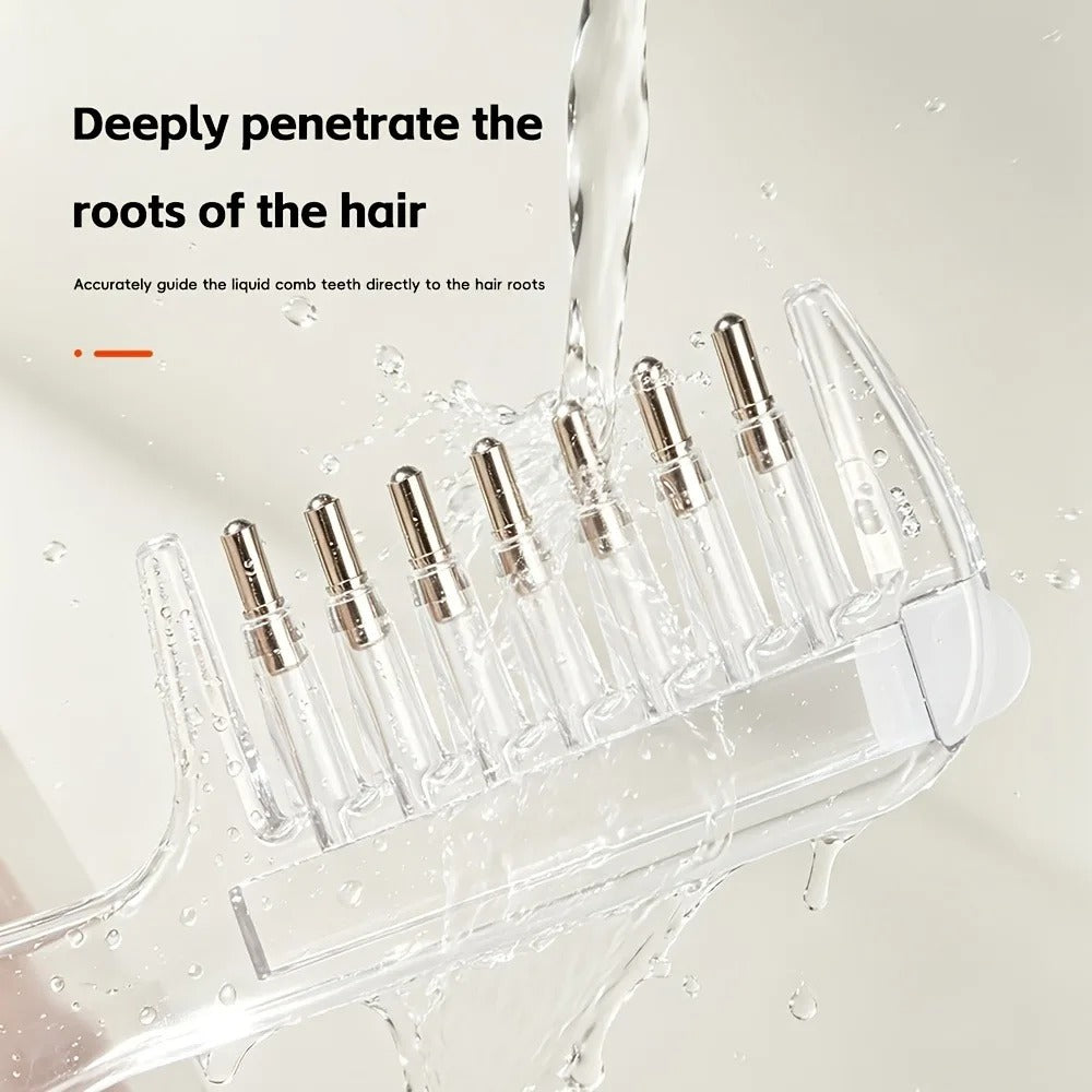 Hair oil applicator comb with a built-in liquid reservoir and roller/massage