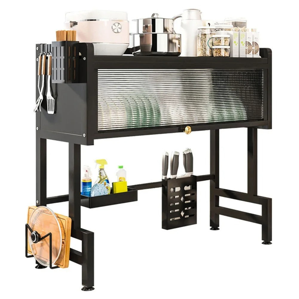 Steel kitchen cabinet above the sink, dish drainer