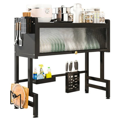 Steel kitchen cabinet above the sink, dish drainer