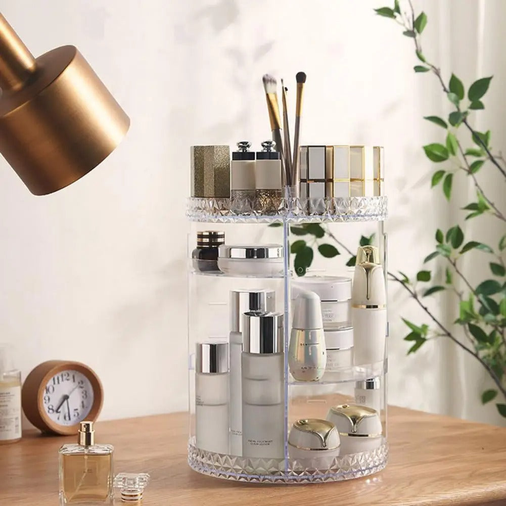 Cosmetic organizer storage box with 70% space-saving makeup organizer with large capacity and 360° rotating vanity design