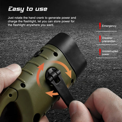 Hand Crank Solar Powered Flashlight, Emergency Rechargeable LED Survival Light with Quick Snap Carbiner