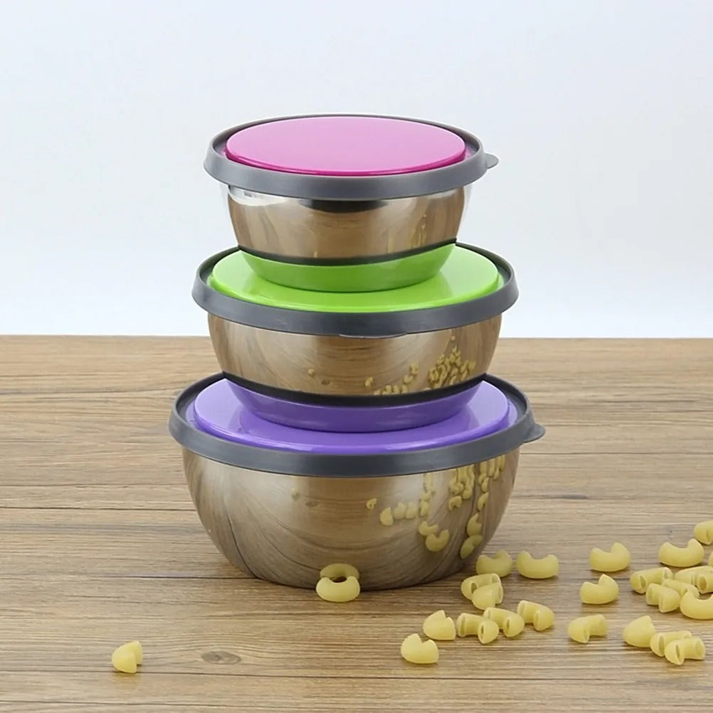 Set of 3 nesting stainless steel food containers with leak-proof lids, stackable, space-saving, for lunch and picnic