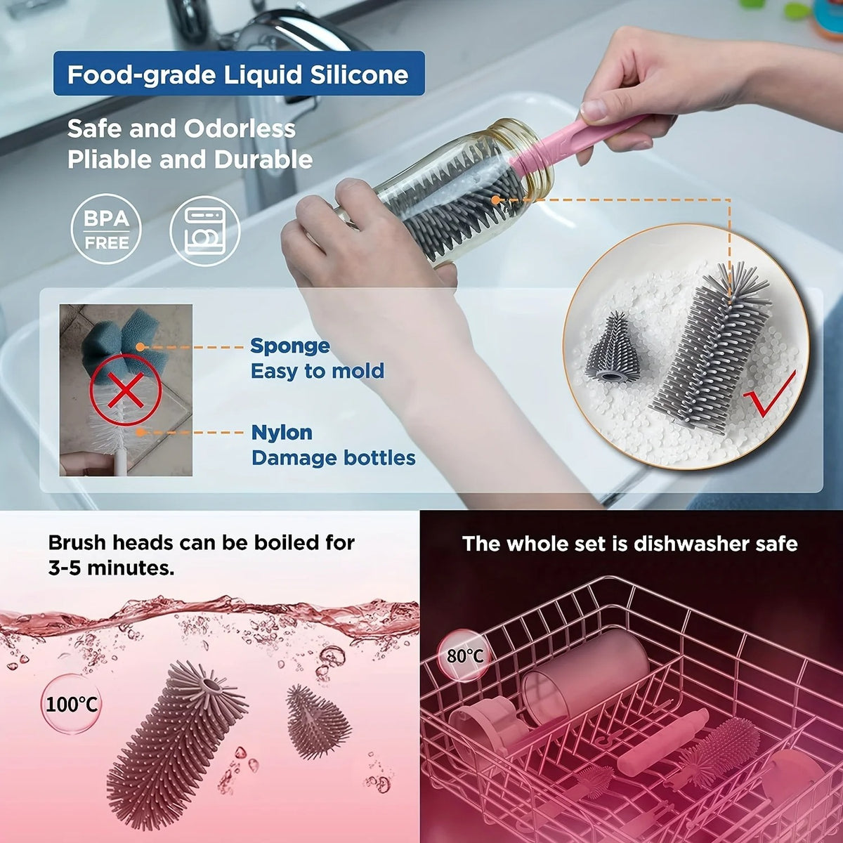 Portable Bottle Brush Set Silicone Bottle Brush Nipple Brush Drain Rack for Travel