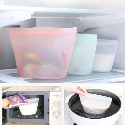 Reusable silicone food storage bags, leak-proof stand-up pouches