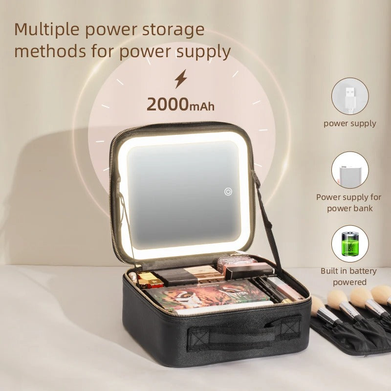 Makeup Travel Case With LED Illuminated Mirror, Travel Makeup Bag With Adjustable Dividers,