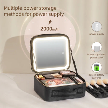 Makeup Travel Case With LED Illuminated Mirror, Travel Makeup Bag With Adjustable Dividers,