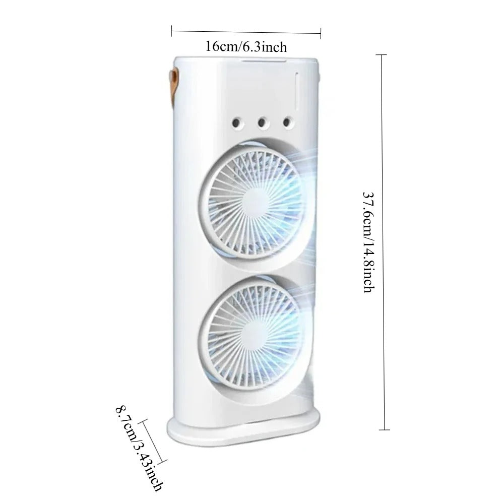 Dual Head Spray Tower Fan with Remote Control, Humidifier, Rechargeable Desk Fan with 3 Wind Speeds for Home, Office, Travel, and Camping