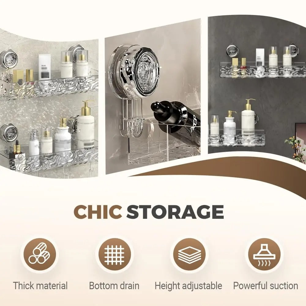 Storage rack with corrugated suction cup New, non-drilling, wall-mounted bathroom storage rack with suction cup for shower kitchens