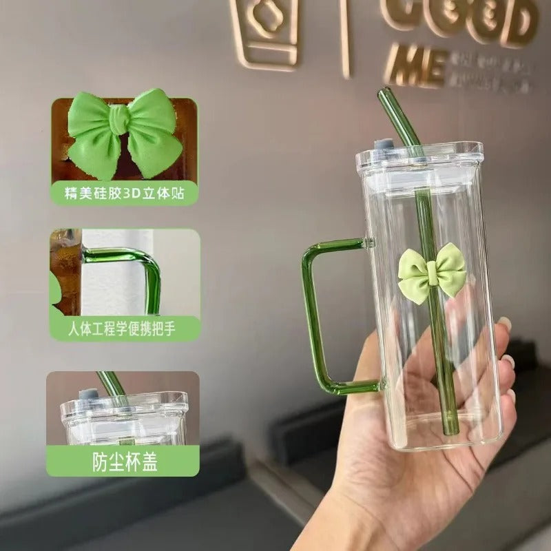 Korean-style glass mug with bow and straw lid, suitable for coffee cups