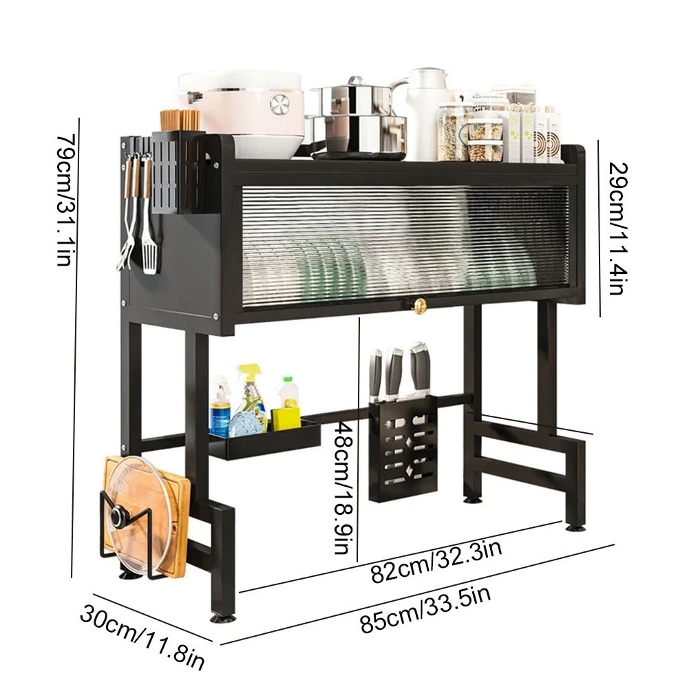 Steel kitchen cabinet above the sink, dish drainer