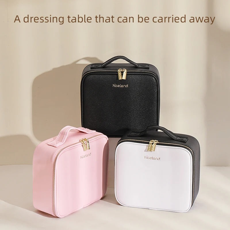 Makeup Travel Case With LED Illuminated Mirror, Travel Makeup Bag With Adjustable Dividers,