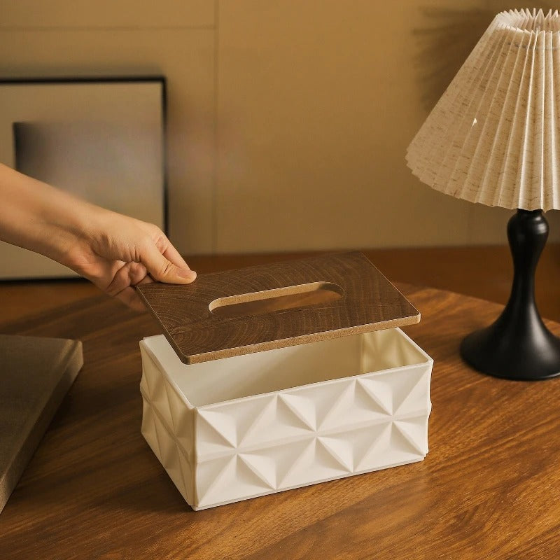 Large Capacity Wrinkle Tissue Box, Minimalist Desktop Organizer with Thick Solid Wood Lid, Space-Saving Home Storage Decor