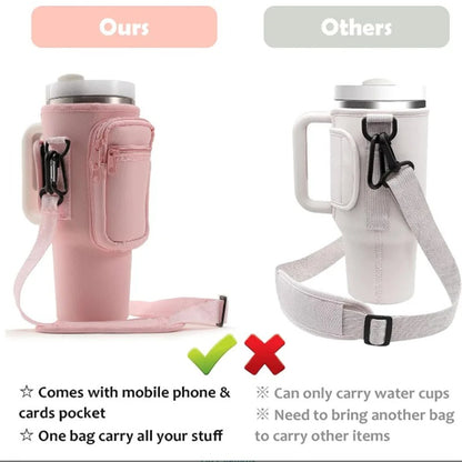 Water bottle carrying case with phone pocket for Stanley Cup 40oz, water bottle holder adjustable strap Stanley Cup accessories