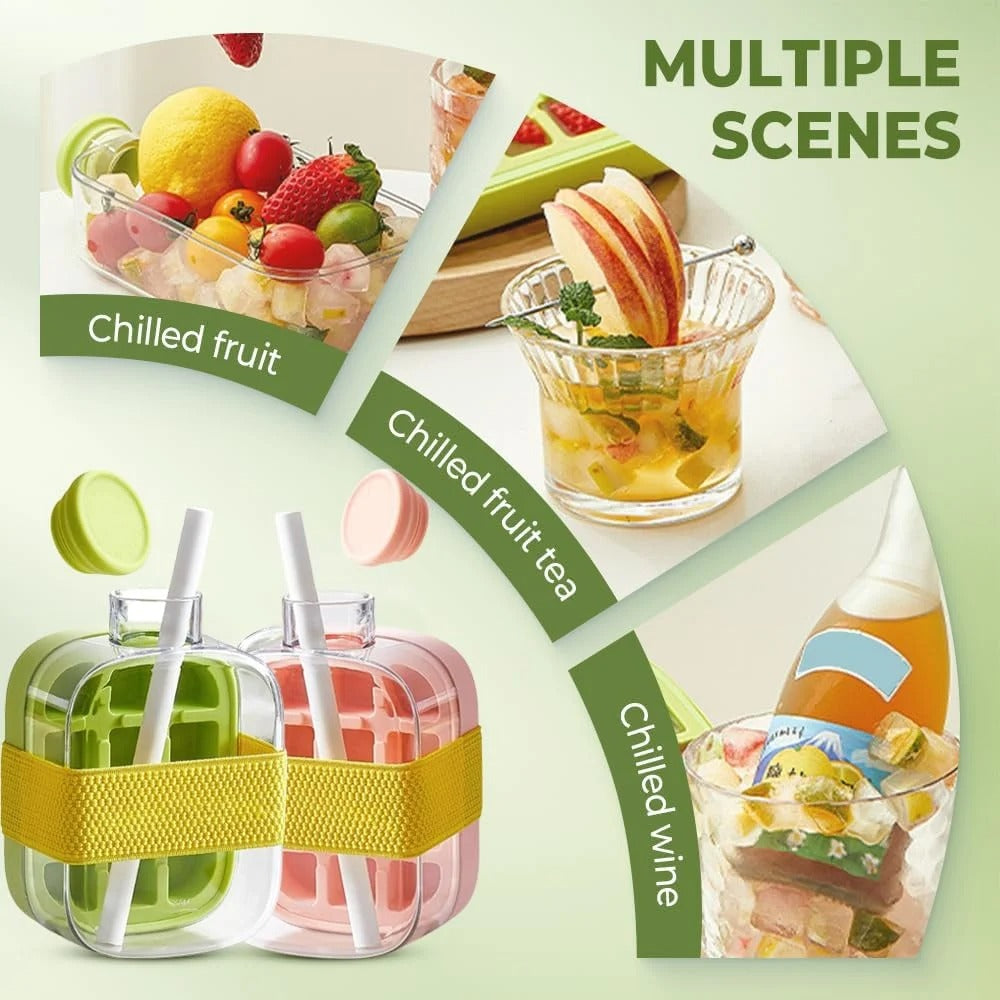 Ice cube bottle with straw, 2-in-1 touchless push-type ice cube bottle, easy-to-detach water bottle ice mold