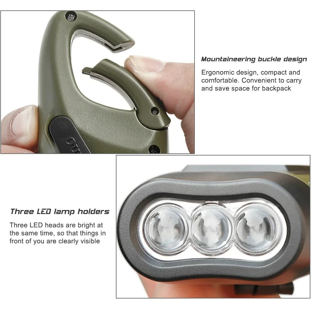 Hand Crank Solar Powered Flashlight, Emergency Rechargeable LED Survival Light with Quick Snap Carbiner