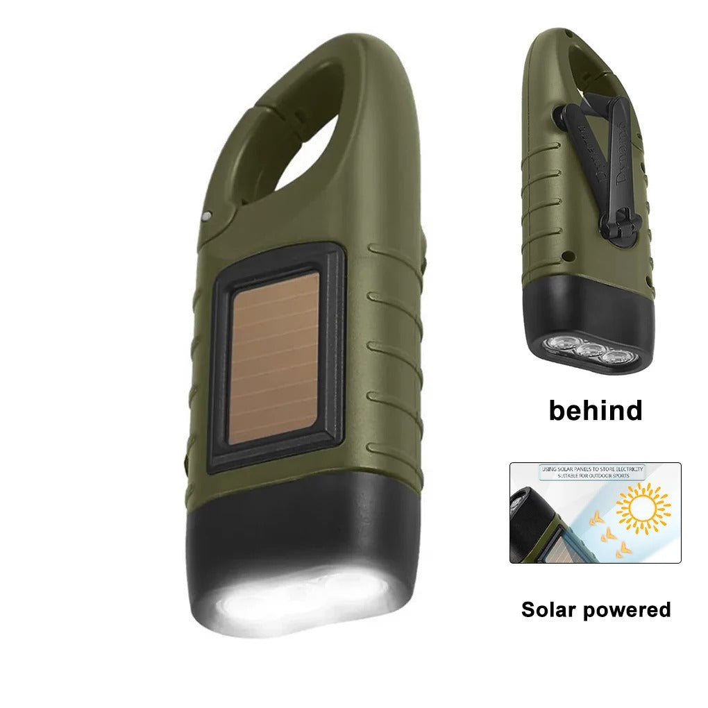 Hand Crank Solar Powered Flashlight, Emergency Rechargeable LED Survival Light with Quick Snap Carbiner