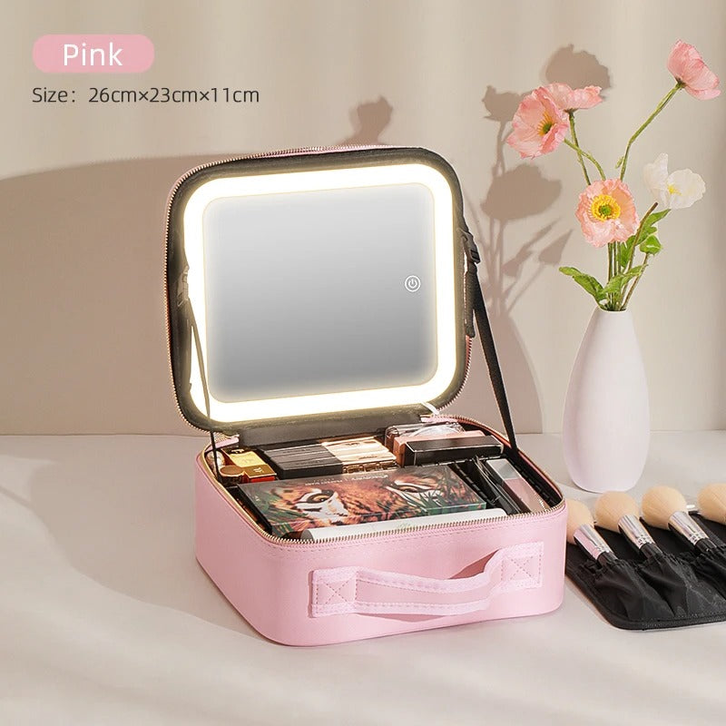 Makeup Travel Case With LED Illuminated Mirror, Travel Makeup Bag With Adjustable Dividers,
