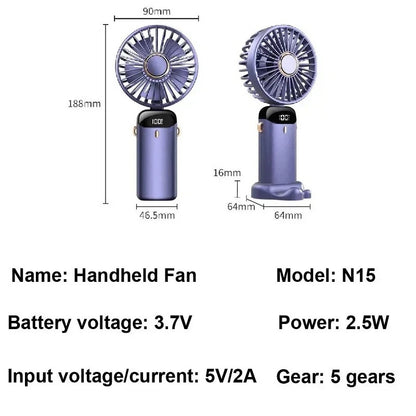 Portable Handheld Mini Fan 3000mAh Foldable Neck Hanging Fans 5 Speed Adjustable USB Charging Fan with Phone Stand and Screen