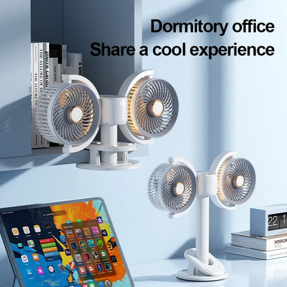 Dual head, independent control, multi-angle fan, vertical/clip-on, height adjustable