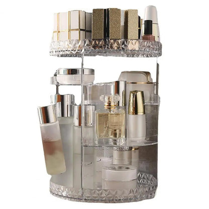 Cosmetic organizer storage box with 70% space-saving makeup organizer with large capacity and 360° rotating vanity design