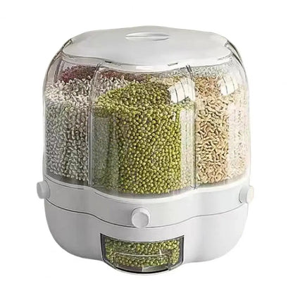Rotating Grain Storage Bin Large Capacity 6 Grids Moisture-Proof Transparent Rice Divider Bean Grain Dispenser Bucket