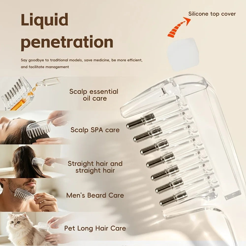 Hair oil applicator comb with a built-in liquid reservoir and roller/massage