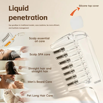 Hair oil applicator comb with a built-in liquid reservoir and roller/massage