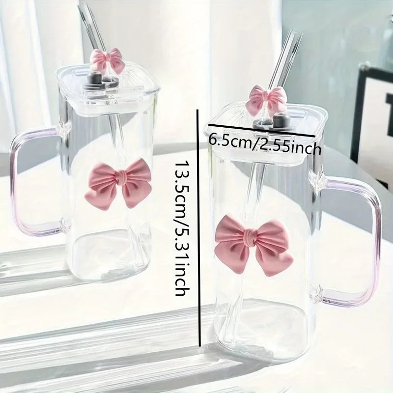 Korean-style glass mug with bow and straw lid, suitable for coffee cups