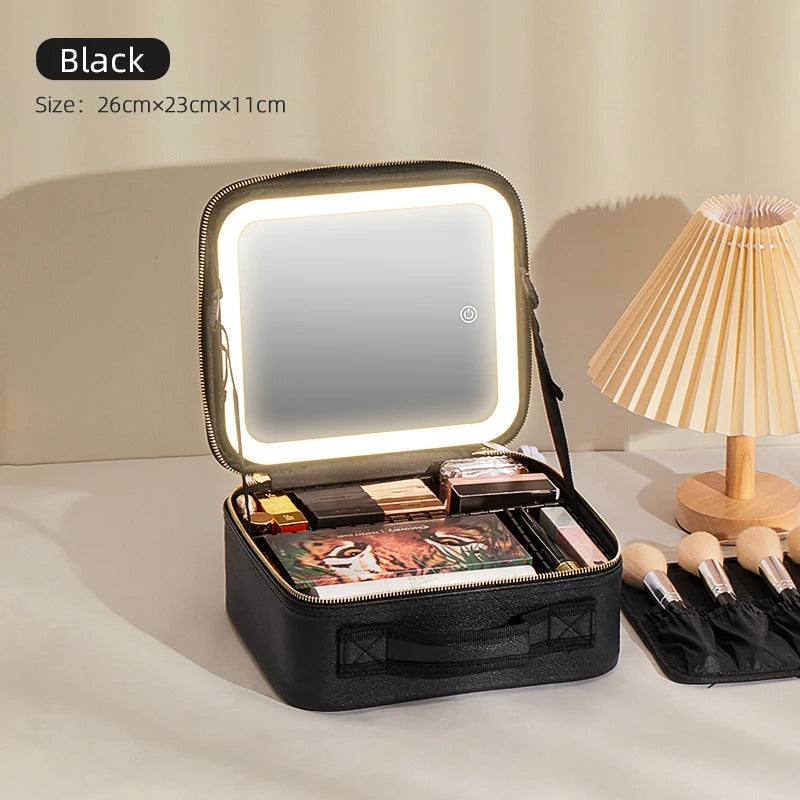 Makeup Travel Case With LED Illuminated Mirror, Travel Makeup Bag With Adjustable Dividers,