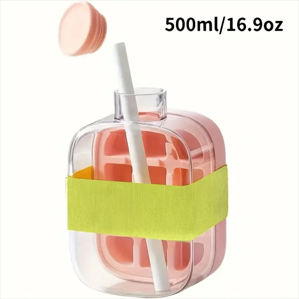 Ice cube bottle with straw, 2-in-1 touchless push-type ice cube bottle, easy-to-detach water bottle ice mold