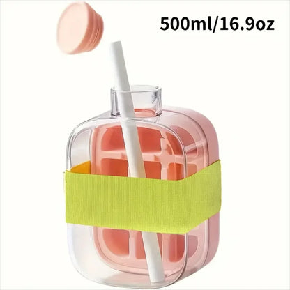 Ice cube bottle with straw, 2-in-1 touchless push-type ice cube bottle, easy-to-detach water bottle ice mold