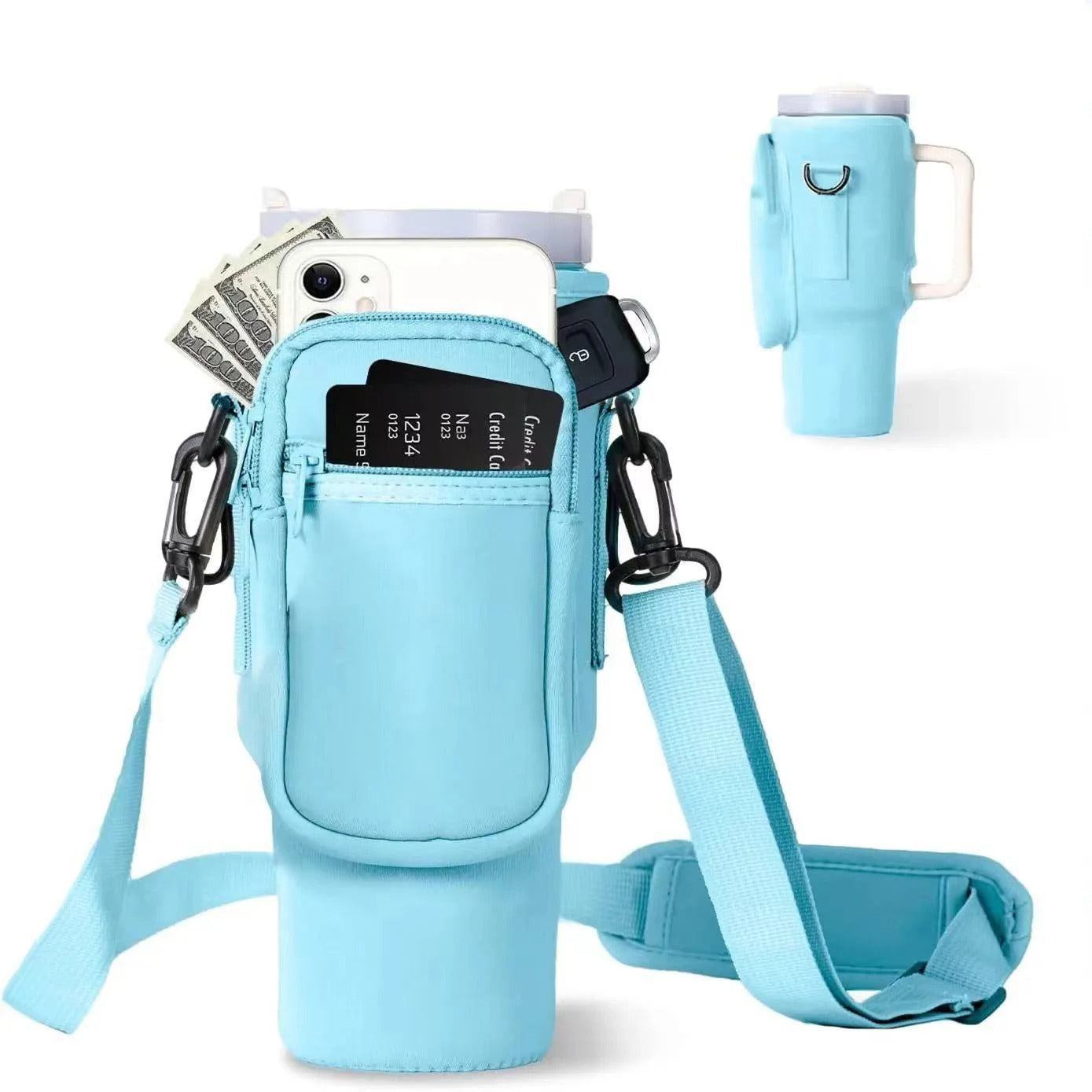Water bottle carrying case with phone pocket for Stanley Cup 40oz, water bottle holder adjustable strap Stanley Cup accessories