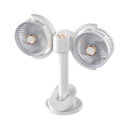 Dual head, independent control, multi-angle fan, vertical/clip-on, height adjustable