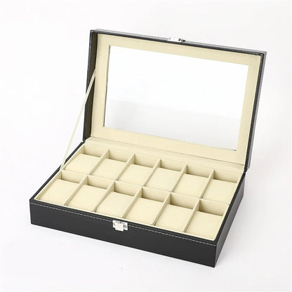 12-SLOT LEATHER WATCH STORAGE ORGANIZER BOX WITH DISPLAY LID