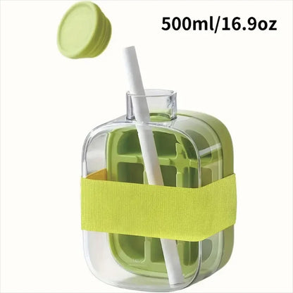 Ice cube bottle with straw, 2-in-1 touchless push-type ice cube bottle, easy-to-detach water bottle ice mold