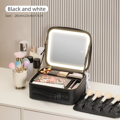 Makeup Travel Case With LED Illuminated Mirror, Travel Makeup Bag With Adjustable Dividers,