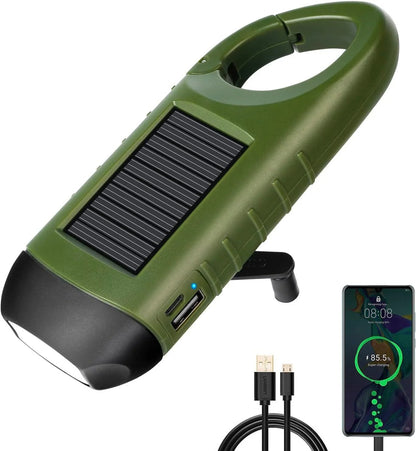 Hand Crank Solar Powered Flashlight, Emergency Rechargeable LED Survival Light with Quick Snap Carbiner